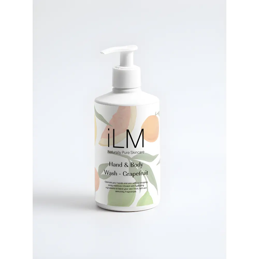 White pump bottle of hand and body wash with camellia and grapefruit, ILM Skincare lotion branding