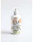 White pump bottle of hand and body wash with camellia and grapefruit, ILM Skincare lotion branding