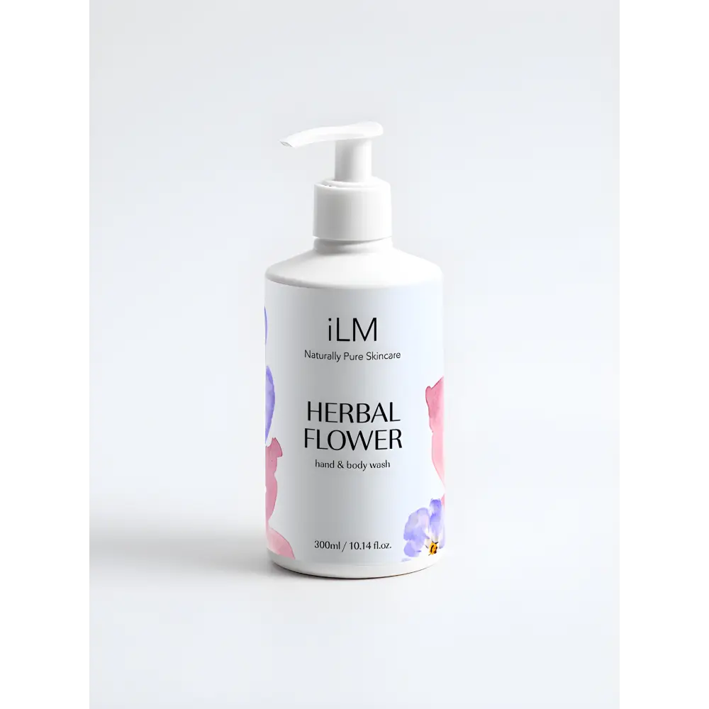 White pump bottle of hand and body wash with camellia and grapefruit, ILM Skincare lotion branding